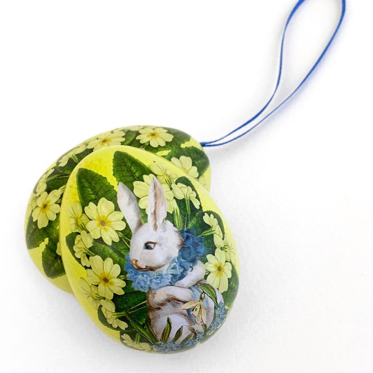 White Bunny Yellow Floral Metal Easter Egg Tin and Ornament ~ 2-3/4" tall