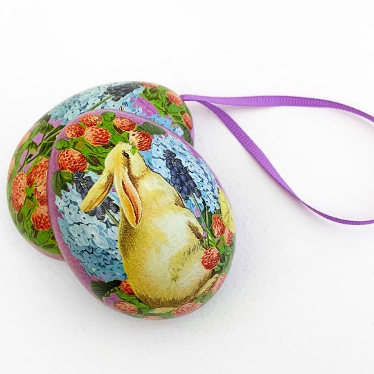 Cream Bunny Mixed Floral Metal Easter Egg Tin and Ornament ~ 2-3/4" tall