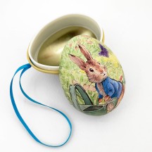 Peter Rabbit Metal Easter Egg Tin and Ornament ~ 2-3/4" tall ~ Peter with Watering Can on Yellow