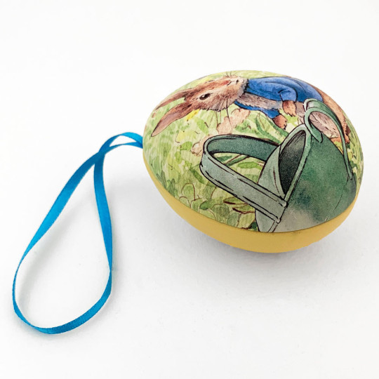 Peter Rabbit Metal Easter Egg Tin and Ornament ~ 2-3/4" tall ~ Peter with Watering Can on Yellow