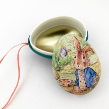 Peter Rabbit Metal Easter Egg Tin and Ornament ~ 2-3/4" tall ~ Peter with Bird on Teal