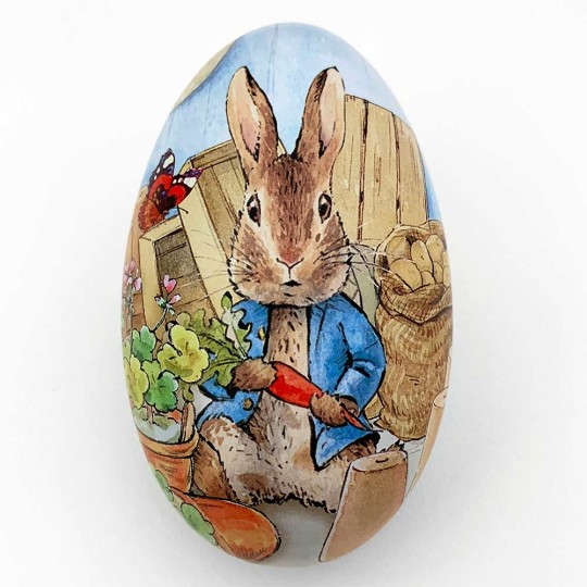Peter Rabbit Metal Easter Egg Tin ~ 4-1/4" tall ~ Peter with Carrot on Blue