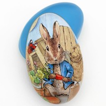 Peter Rabbit Metal Easter Egg Tin ~ 4-1/4" tall ~ Peter with Carrot on Blue