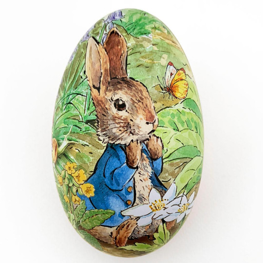 Peter Rabbit Metal Easter Egg Tin ~ 4-1/4" tall ~ Peter in Garden on Orange
