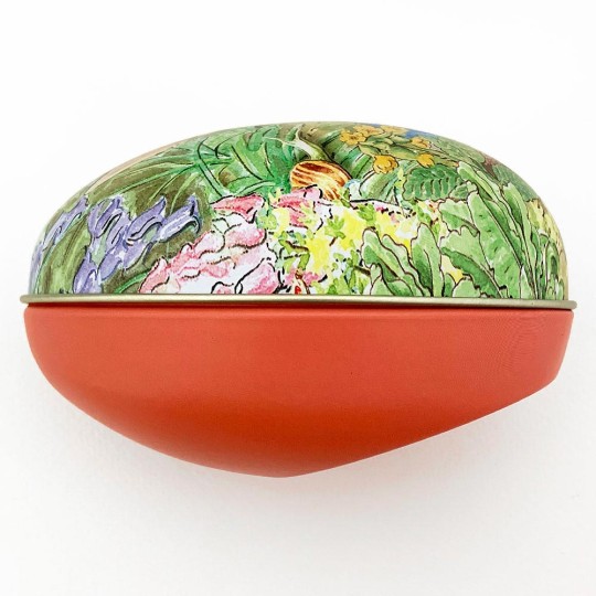 Peter Rabbit Metal Easter Egg Tin ~ 4-1/4" tall ~ Peter in Garden on Orange