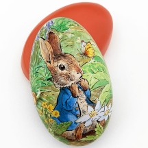 Peter Rabbit Metal Easter Egg Tin ~ 4-1/4" tall ~ Peter in Garden on Orange