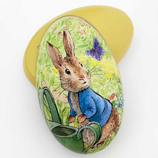 Peter Rabbit Metal Easter Egg Tin ~ 4-1/4" tall ~ Peter with Watering Can on Yellow