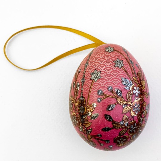 Pink Russian Inspired Floral Metal Easter Egg Tin and Ornament ~ 2-3/4" tall