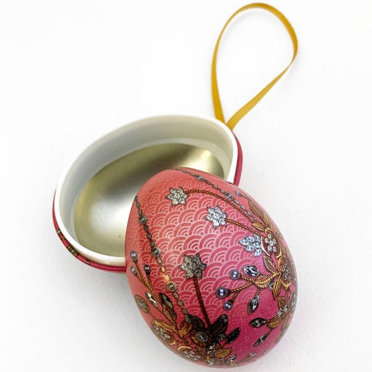 Pink Russian Inspired Floral Metal Easter Egg Tin and Ornament ~ 2-3/4" tall