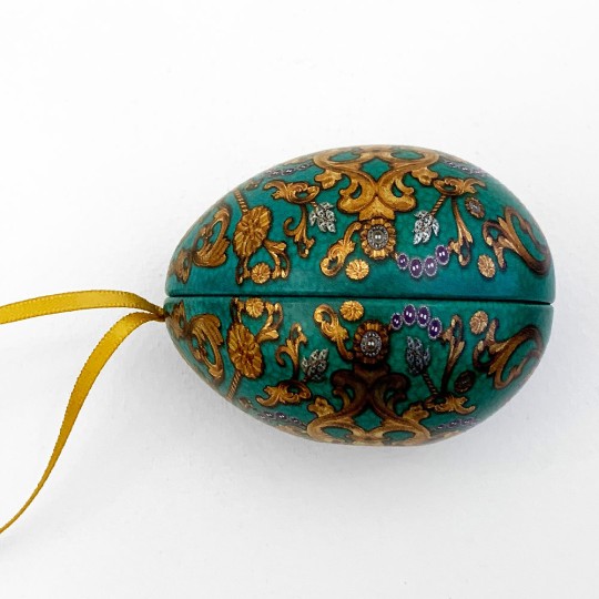 Teal Russian Inspired Fancy Metal Easter Egg Tin and Ornament ~ 2-3/4" tall