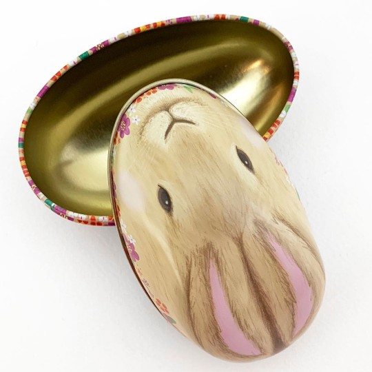 Blonde Bunny and Flowers Metal Easter Egg Tin ~ 4-1/4" tall