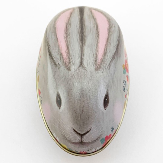 Grey Bunny and Flowers Metal Easter Egg Tin ~ 4-1/4" tall