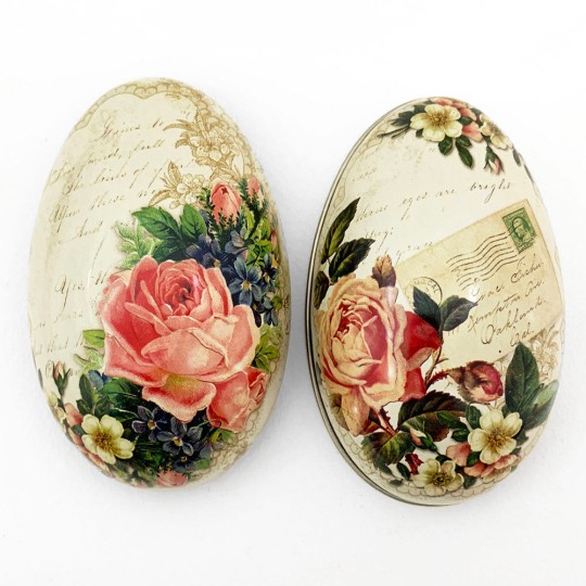 Roses and Flowers Metal Easter Egg Tin ~ 4-1/4" tall
