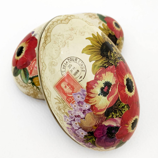 Anemone and Flowers Metal Easter Egg Tin ~ 4-1/4" tall