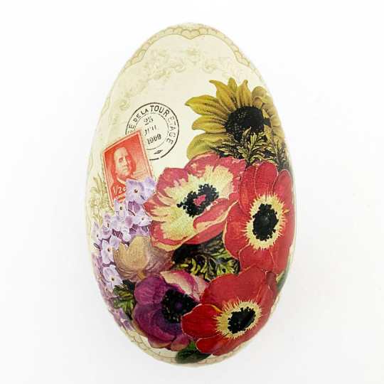 Anemone and Flowers Metal Easter Egg Tin ~ 4-1/4" tall