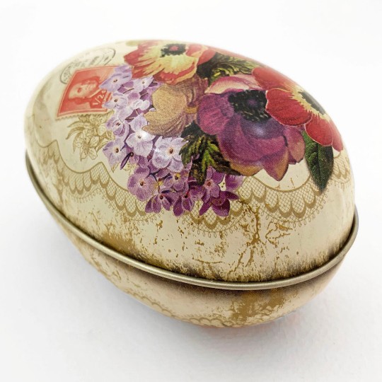 Anemone and Flowers Metal Easter Egg Tin ~ 4-1/4" tall