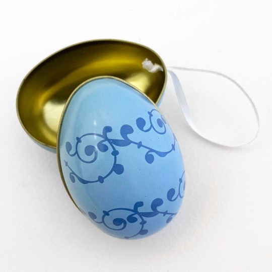 Blue Flourish Two-Tone Metal Easter Egg Ornament Tin ~ 2-1/2" tall