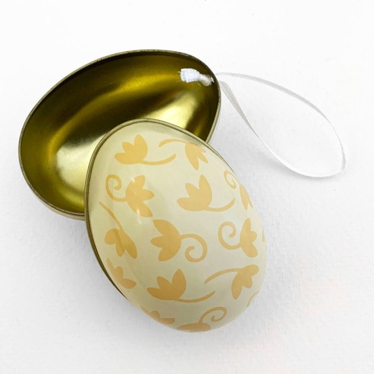 Yellow Floral Two-Tone Metal Easter Egg Ornament Tin ~ 2-1/2" tall