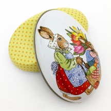 Bunnies with Flowers Metal Easter Egg Tin ~ 4-1/4" tall