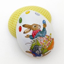 Small Bunny Juggling Eggs Metal Easter Egg Tin ~ 2-3/4" tall