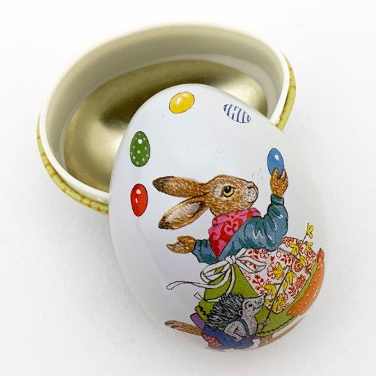 Small Bunny Juggling Eggs Metal Easter Egg Tin ~ 2-3/4" tall