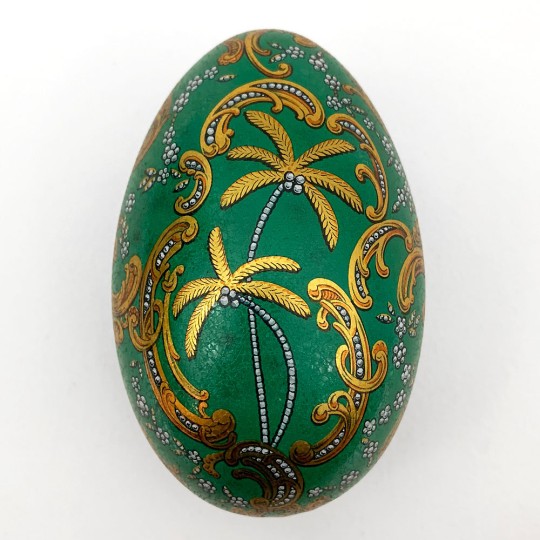 Green Jeweled Palms Faberge Egg Metal Easter Tin ~ 4-1/4" tall