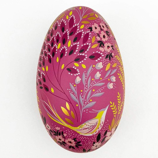 Fuchsia Fancy Floral and Bird Metal Easter Egg Tin ~ 4-1/4" tall