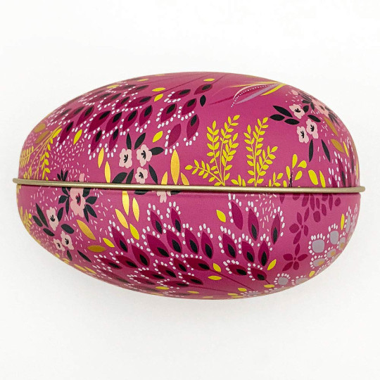Fuchsia Fancy Floral and Bird Metal Easter Egg Tin ~ 4-1/4" tall