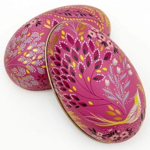 Fuchsia Fancy Floral and Bird Metal Easter Egg Tin ~ 4-1/4" tall