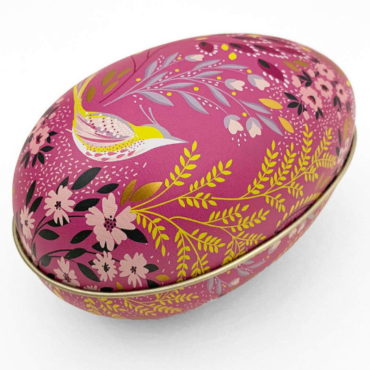 Fuchsia Fancy Floral and Bird Metal Easter Egg Tin ~ 4-1/4" tall