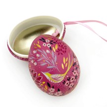 Fuchsia Fancy Floral and Bird Metal Easter Egg Tin and Ornament ~ 2-3/4" tall