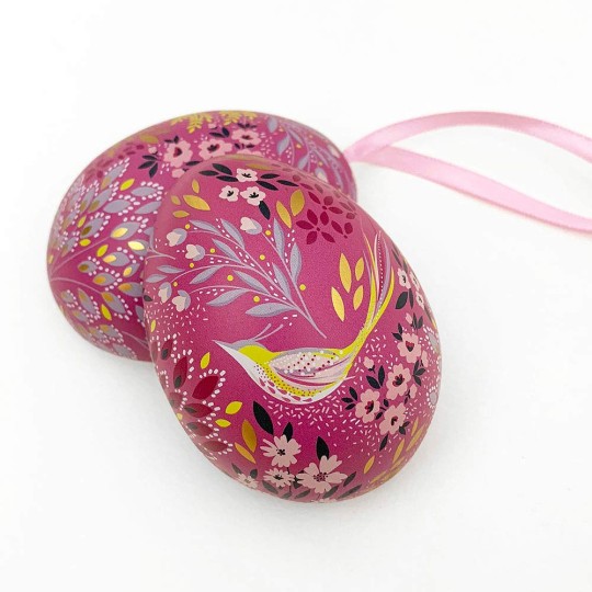 Fuchsia Fancy Floral and Bird Metal Easter Egg Tin and Ornament ~ 2-3/4" tall