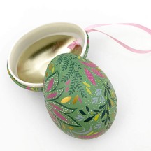 Green Fancy Floral Metal Easter Egg Tin and Ornament ~ 2-3/4" tall