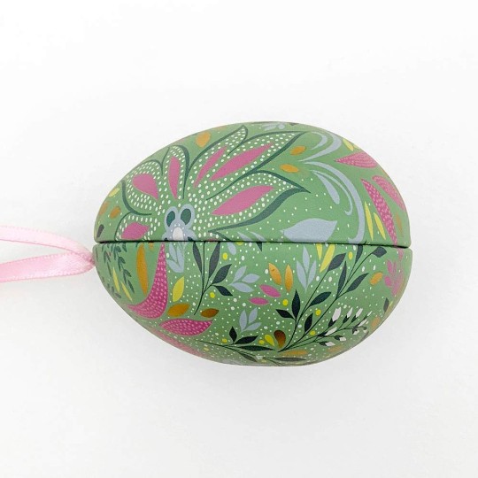 Green Fancy Floral Metal Easter Egg Tin and Ornament ~ 2-3/4" tall