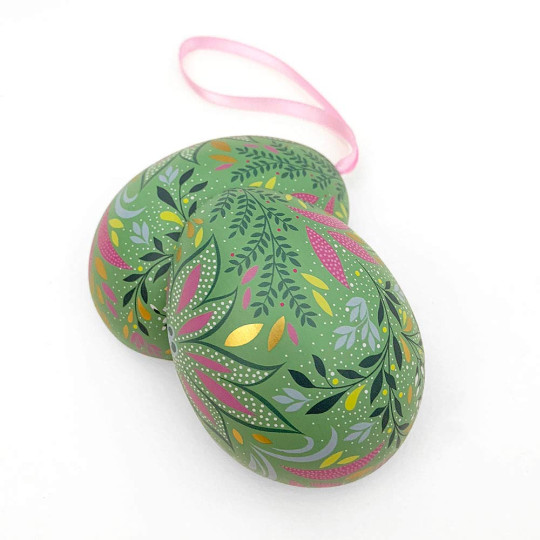 Green Fancy Floral Metal Easter Egg Tin and Ornament ~ 2-3/4" tall
