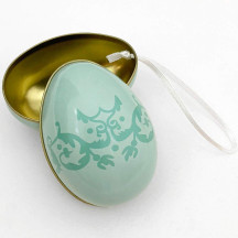 Pale Teal Flourish Two-Tone Metal Easter Egg Ornament Tin ~ 2-1/2" tall