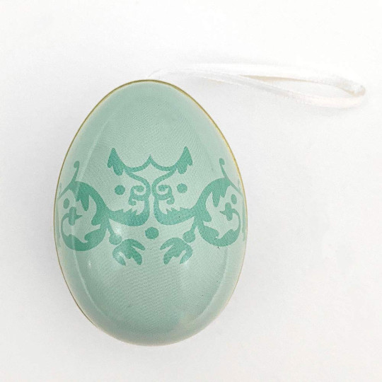 Pale Teal Flourish Two-Tone Metal Easter Egg Ornament Tin ~ 2-1/2" tall