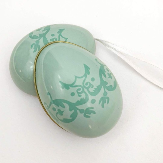 Pale Teal Flourish Two-Tone Metal Easter Egg Ornament Tin ~ 2-1/2" tall