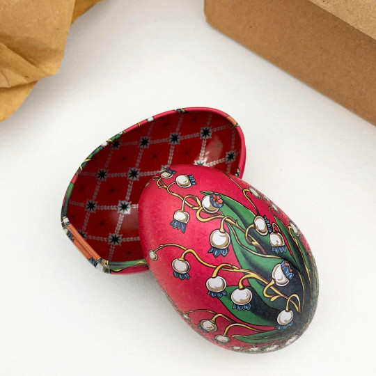 Red Lily of the Valley Faberge Egg Metal Easter Tin ~ 3-1/8" tall
