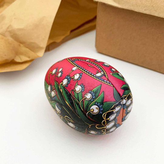 Red Lily of the Valley Faberge Egg Metal Easter Tin ~ 3-1/8" tall