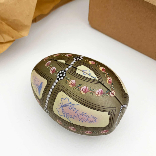 Pastel Rose Garland Faberge Egg Metal Easter Tin ~ 3-1/8" tall