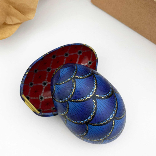 Blue Scallop Faberge Egg Metal Easter Tin ~ 3-1/8" tall