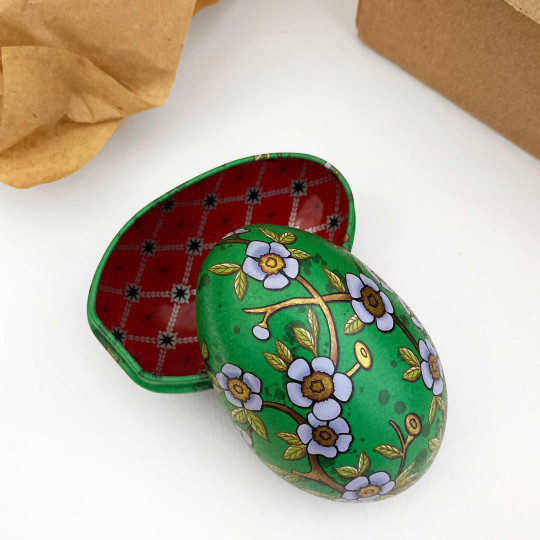 Green Flowers Faberge Egg Metal Easter Tin ~ 3-1/8" tall