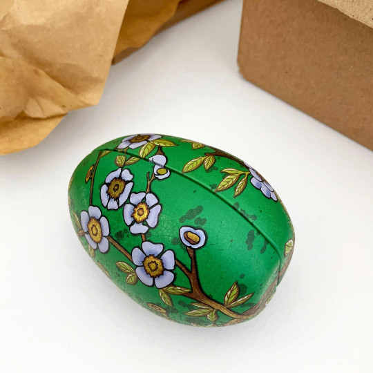 Green Flowers Faberge Egg Metal Easter Tin ~ 3-1/8" tall