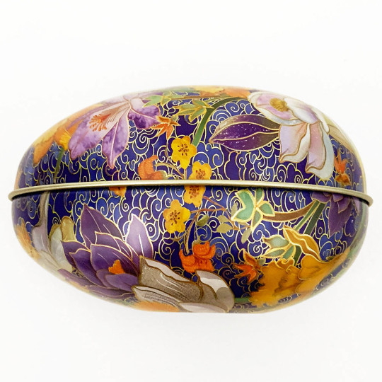 Crocus on Blue Faux Cloisonne Metal Easter Egg Tin ~ 4-1/4" tall