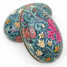 William Morris Teal Floral Metal Easter Egg Tin ~ 4-1/4" tall