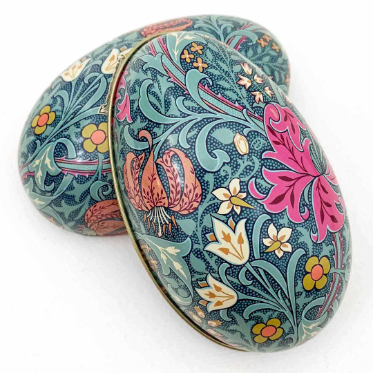 William Morris Teal Floral Metal Easter Egg Tin ~ 4-1/4" tall
