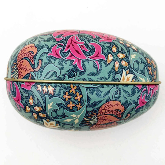 William Morris Teal Floral Metal Easter Egg Tin ~ 4-1/4" tall