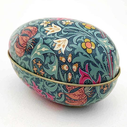 William Morris Teal Floral Metal Easter Egg Tin ~ 4-1/4" tall