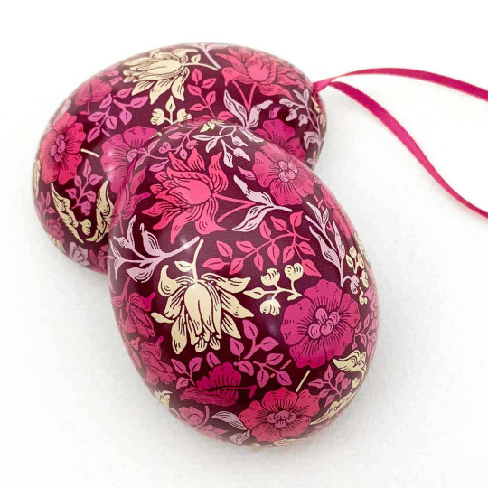 William Morris Pink Floral Metal Easter Egg Tin and Ornament ~ 2-3/4" tall